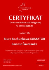 Certyfikat C.I.K. Biuro Rachunkowe SUMATOR Bartosz Śmietanka