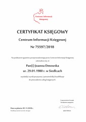 Certyfikat Księgowy C.I.K. nr 75597/2018 Joanna Dmowska