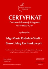 Certyfikat C.I.K. Mgr Maria Dybalak-Śledź - Biuro Usług Rachunkowych