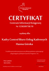 Certyfikat C.I.K. Kadry Control Biuro Usług Kadrowych Hanna Górska