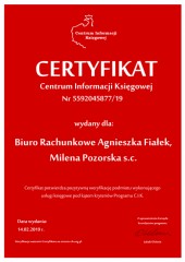 Certyfikat C.I.K. Biuro Rachunkowe Agnieszka Fiałek, Milena Pozorska s.c.