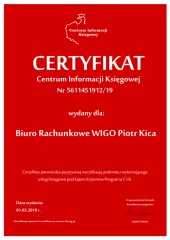Certyfikat C.I.K.  Biuro Rachunkowe WIGO Piotr Kica