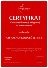 Certyfikat C.I.K. ABE RACHUNKOWOŚĆ Sp. z.o.o.