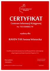 Certyfikat C.I.K. RAVEN TAX Iwona Wietecka