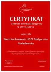 Certyfikat C.I.K. Biuro Rachunkowe HAZE Małgorzata Michałowska