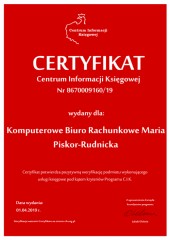 Certyfikat C.I.K. Komputerowe Biuro Rachunkowe Maria Piskor-Rudnicka