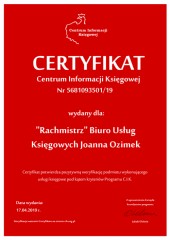 Certyfikat C.I.K.  "Rachmistrz" Biuro Usług Księgowych Joanna Ozimek