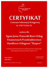 Certyfikat C.I.K. Agata Juruc-Ptasznik Biuro Usług Finansowych Przedsiębiorstwo Handlowo-Usługowe "Ekspert"