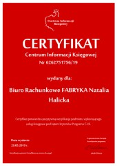 Certyfikat C.I.K. Biuro Rachunkowe FABRYKA Natalia Halicka