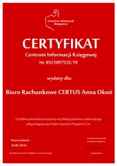 Certyfikat C.I.K.  Biuro Rachunkowe CERTUS Anna Okoń