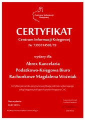 Certyfikat C.I.K. Abrex Kancelaria Podatkowo-Księgowa Biuro Rachunkowe Magdalena Woźniak