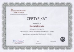 WANiR Certyfikat Dorota Zakrzewska