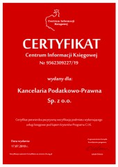 Certyfikat C.I.K. Kancelaria Podatkowo-Prawna Sp. z o.o.