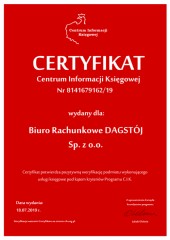 Certyfikat C.I.K. Biuro Rachunkowe DAGSTÓJ Sp. z o.o.