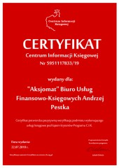 Certyfikat C.I.K. "Aksjomat" Biuro Usług Finansowo-Księgowych Andrzej Pestka