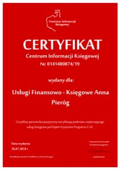 Certyfikat C.I.K. Usługi Finansowo - Księgowe Anna Pieróg