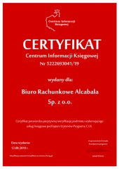 Certyfikat C.I.K. Biuro Rachunkowe Alcabala Sp. z o.o.
