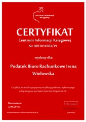 Certyfikat C.I.K. Podatek Biuro Rachunkowe Irena Wielowska