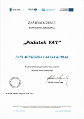 Zaświadczenie Szkolenie Podatek VAT Agnieszka Larysa Kubiak