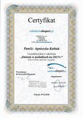 Certyfikat Szkolenie Zmiany w podatkach na 2017 r Agnieszka Larysa Kubiak