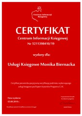 Certyfikat C.I.K.  Usługi Księgowe Monika Biernacka