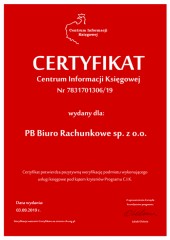 Certyfikat C.I.K. PB Biuro Rachunkowe sp. z o.o.