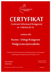Certyfikat C.I.K. Konto - Usługi Księgowe Małgorzata Jastrzębska