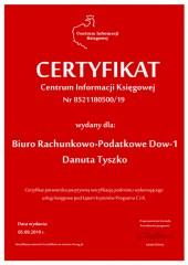 Certyfikat C.I.K. Biuro Rachunkowo-Podatkowe Dow-1 Danuta Tyszko