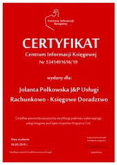Certyfikat C.I.K. Jolanta Polkowska J&P Usługi Rachunkowo - Księgowe Doradztwo