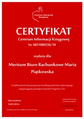 Certyfikat C.I.K. Meritum Biuro Rachunkowe Maria Piątkowska