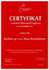 Certyfikat C.I.K. Bochnar sp. z o.o. Biuro Rachunkowe