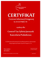 Certyfikat C.I.K. Control Tax Sylwia Jaroszek Kancelaria Podatkowa