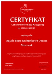 Certyfikat C.I.K. Aquila Biuro Rachunkowe Dorota Miszczuk
