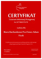 Certyfikat C.I.K.  Biuro Rachunkowe Pro-Fimex Adam Ficek