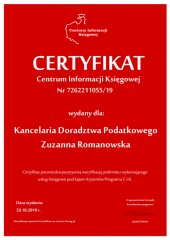 Certyfikat C.I.K. Kancelaria Doradztwa Podatkowego Zuzanna Romanowska