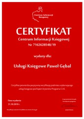 Certyfikat C.I.K. Usługi Księgowe Paweł Gębal