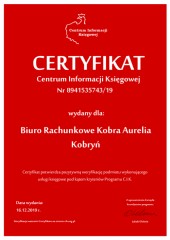 Certyfikat C.I.K. Biuro Rachunkowe Kobra Aurelia Kobryń