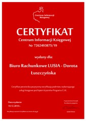 Certyfikat C.I.K.  Biuro Rachunkowe LUSIA - Dorota Łuszczyńska
