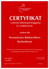 Certyfikat C.I.K. Kornasiewicz Barbara Biuro Rachunkowe