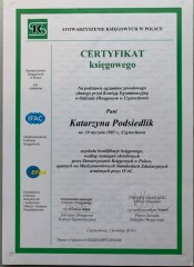 Certyfikat Księgowego Katarzyna Podsiedlik