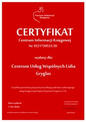 Certyfikat C.I.K. Centrum Usług Wspólnych Lidia Gryglas
