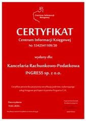 Certyfikat C.I.K. Kancelaria Rachunkowo-Podatkowa INGRESS sp. z o.o.