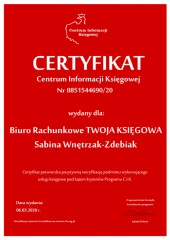 Certyfikat C.I.K. Biuro Rachunkowe TWOJA KSIĘGOWA Sabina Wnętrzak-Zdebiak