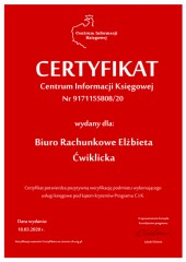 Certyfikat C.I.K. Biuro Rachunkowe Elżbieta Ćwiklicka