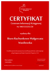 Certyfikat C.I.K. Biuro Rachunkowe Małgorzata Wasilewska