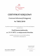 Certyfikat Księgowy C.I.K. 75855/2019 Joanna Jankowska