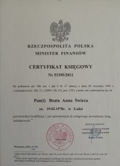Certyfikat MF 53395/2011 Beata Anna Świeca