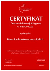 Certyfikat C.I.K.  Biuro Rachunkowe Irena Relich