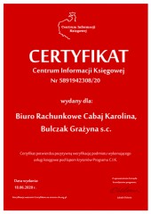 Certyfikat C.I.K. Biuro Rachunkowe Cabaj Karolina, Bulczak Grażyna s.c.