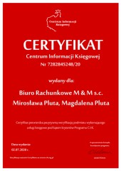Certyfikat C.I.K. Biuro Rachunkowe M & M s.c. Mirosława Pluta, Magdalena Pluta